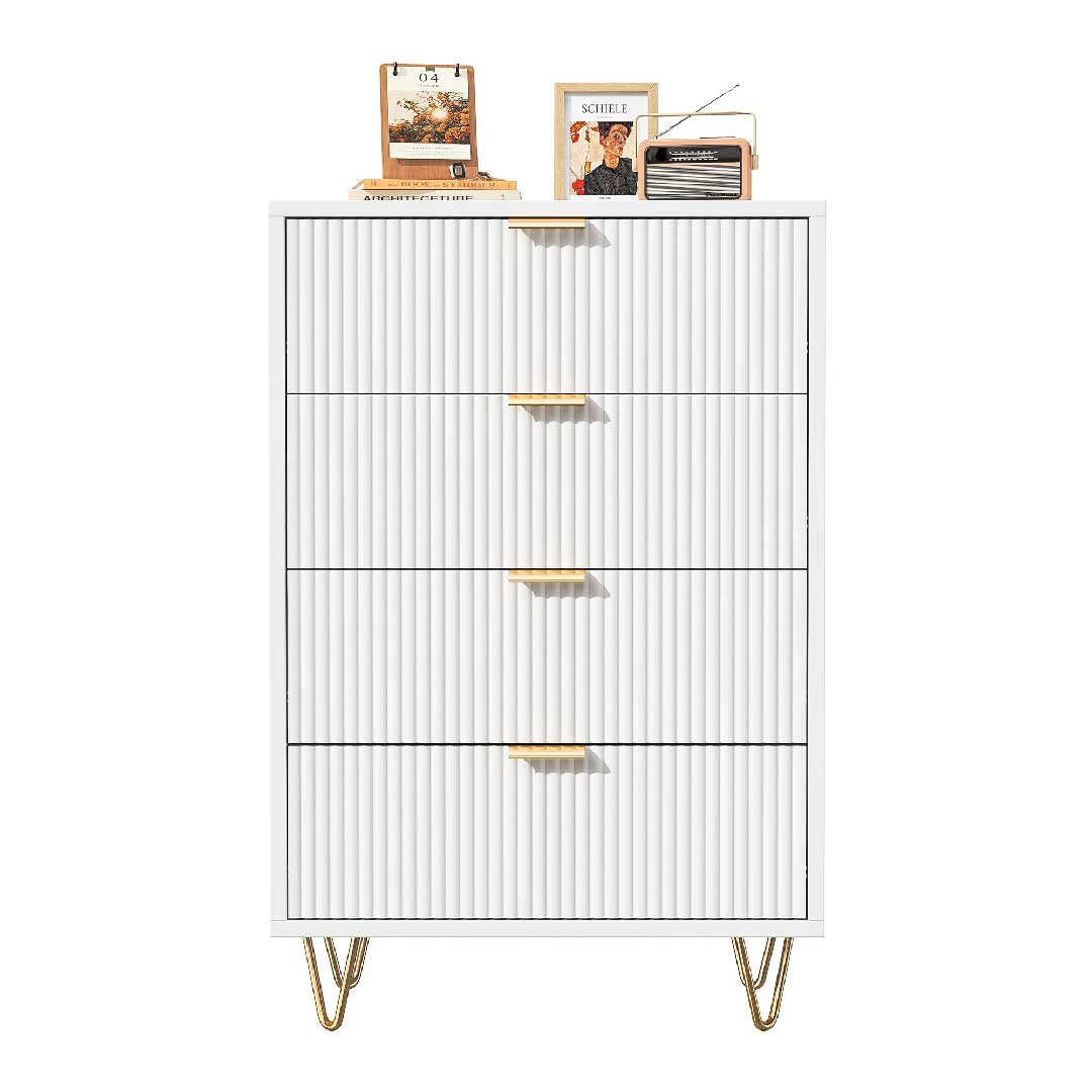 Yelenaro Kommode Weiß mit Goldgriffen, 4/6 Schubladen, Modernes Rillen-Design Sideboard