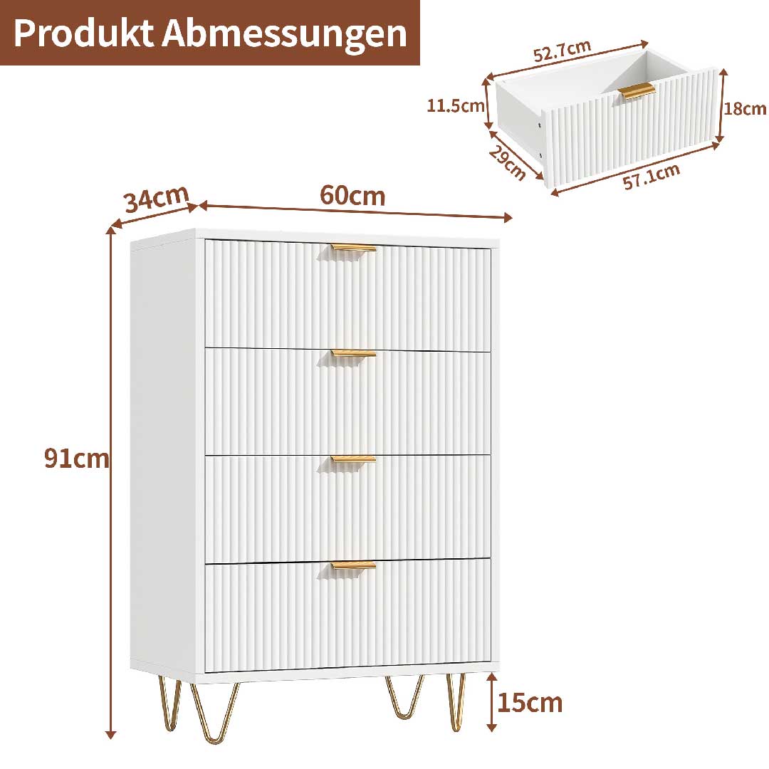 Yelenaro Kommode Weiß mit Goldgriffen, 4/6 Schubladen, Modernes Rillen-Design Sideboard