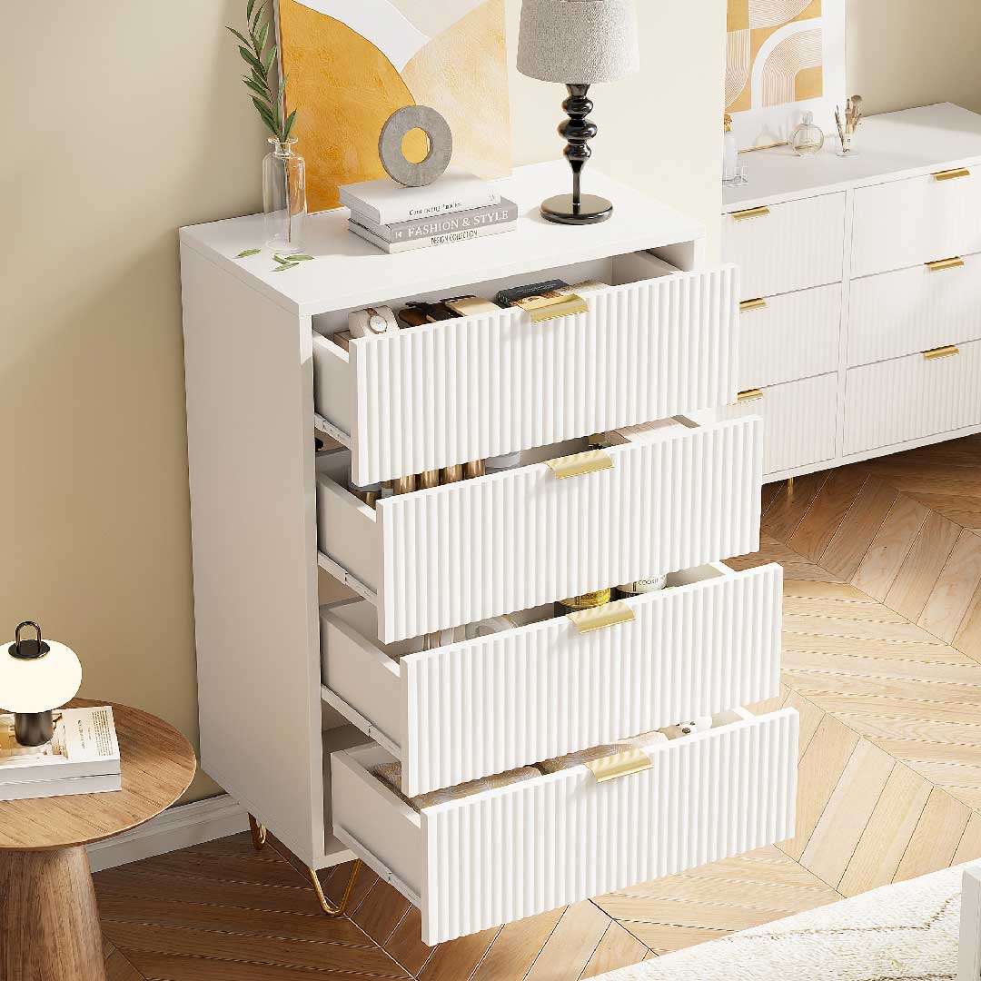 Yelenaro Kommode Weiß mit Goldgriffen, 4/6 Schubladen, Modernes Rillen-Design Sideboard
