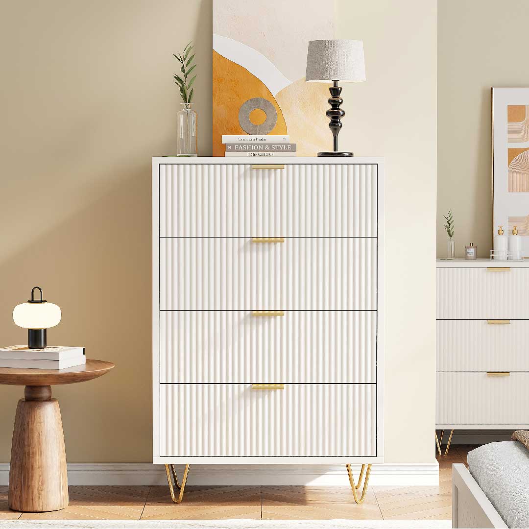 Yelenaro Kommode Weiß mit Goldgriffen, 4/6 Schubladen, Modernes Rillen-Design Sideboard