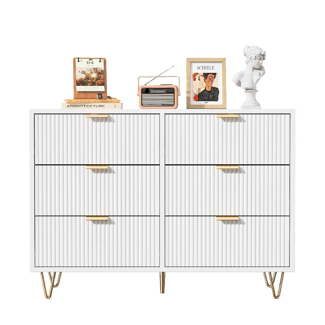 Yelenaro Kommode Weiß mit Goldgriffen, 4/6 Schubladen, Modernes Rillen-Design Sideboard