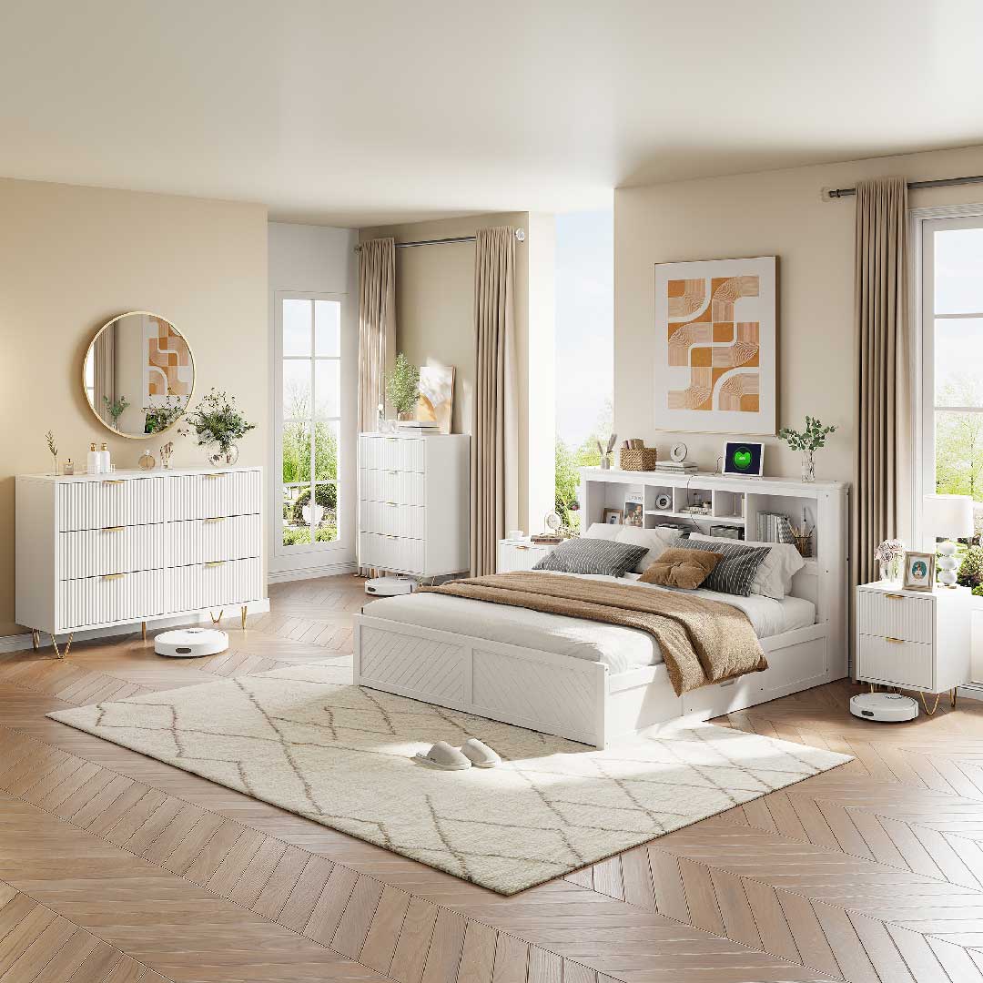 Yelenaro Kommode Weiß mit Goldgriffen, 4/6 Schubladen, Modernes Rillen-Design Sideboard