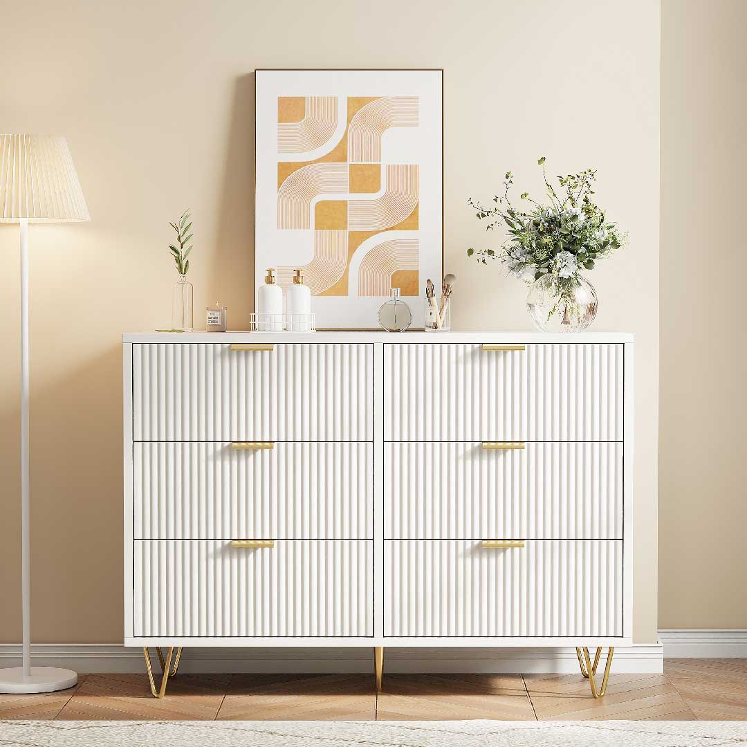 Yelenaro Kommode Weiß mit Goldgriffen, 4/6 Schubladen, Modernes Rillen-Design Sideboard
