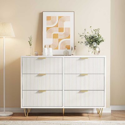 Yelenaro Kommode Weiß mit Goldgriffen, 4/6 Schubladen, Modernes Rillen-Design Sideboard