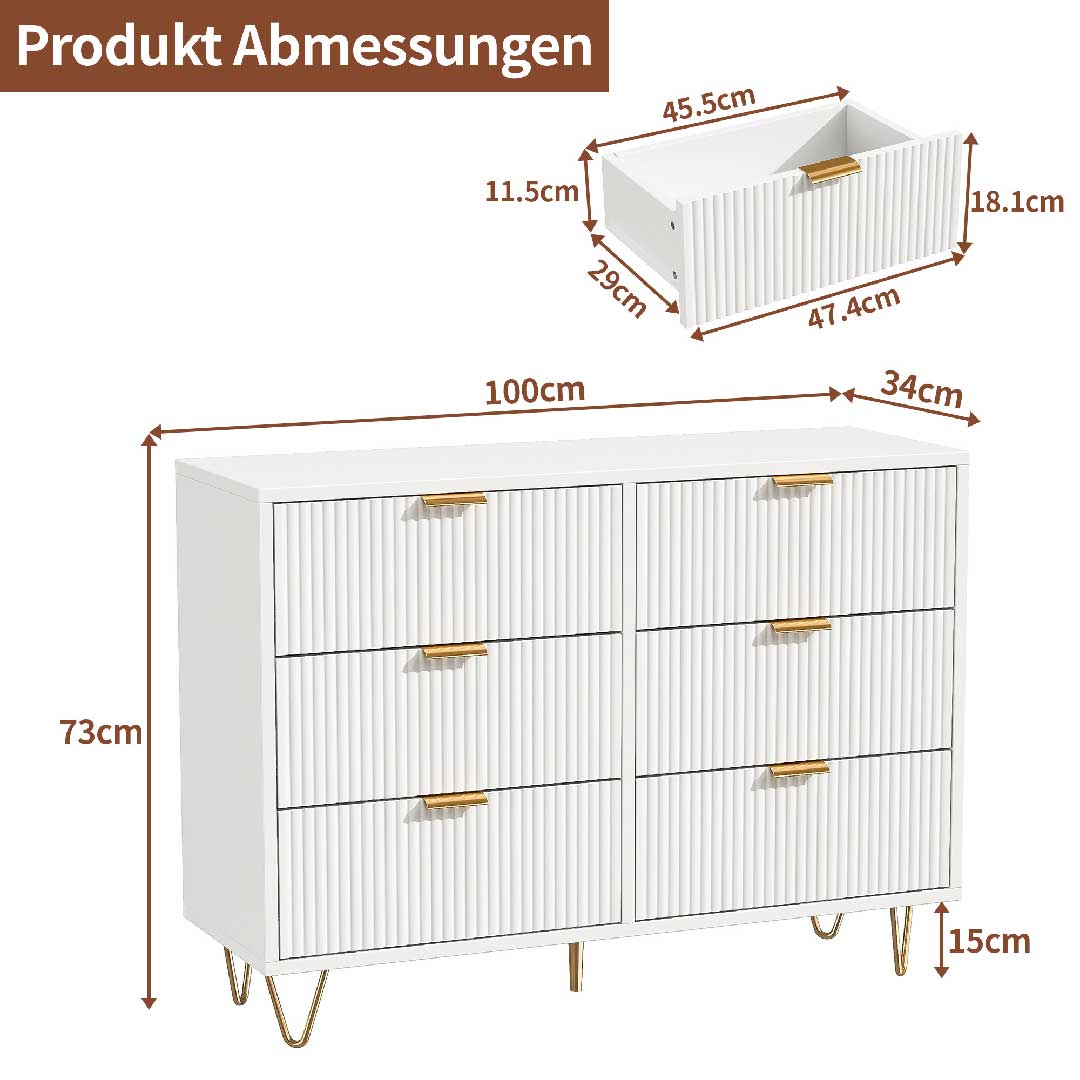 Yelenaro Kommode Weiß mit Goldgriffen, 4/6 Schubladen, Modernes Rillen-Design Sideboard