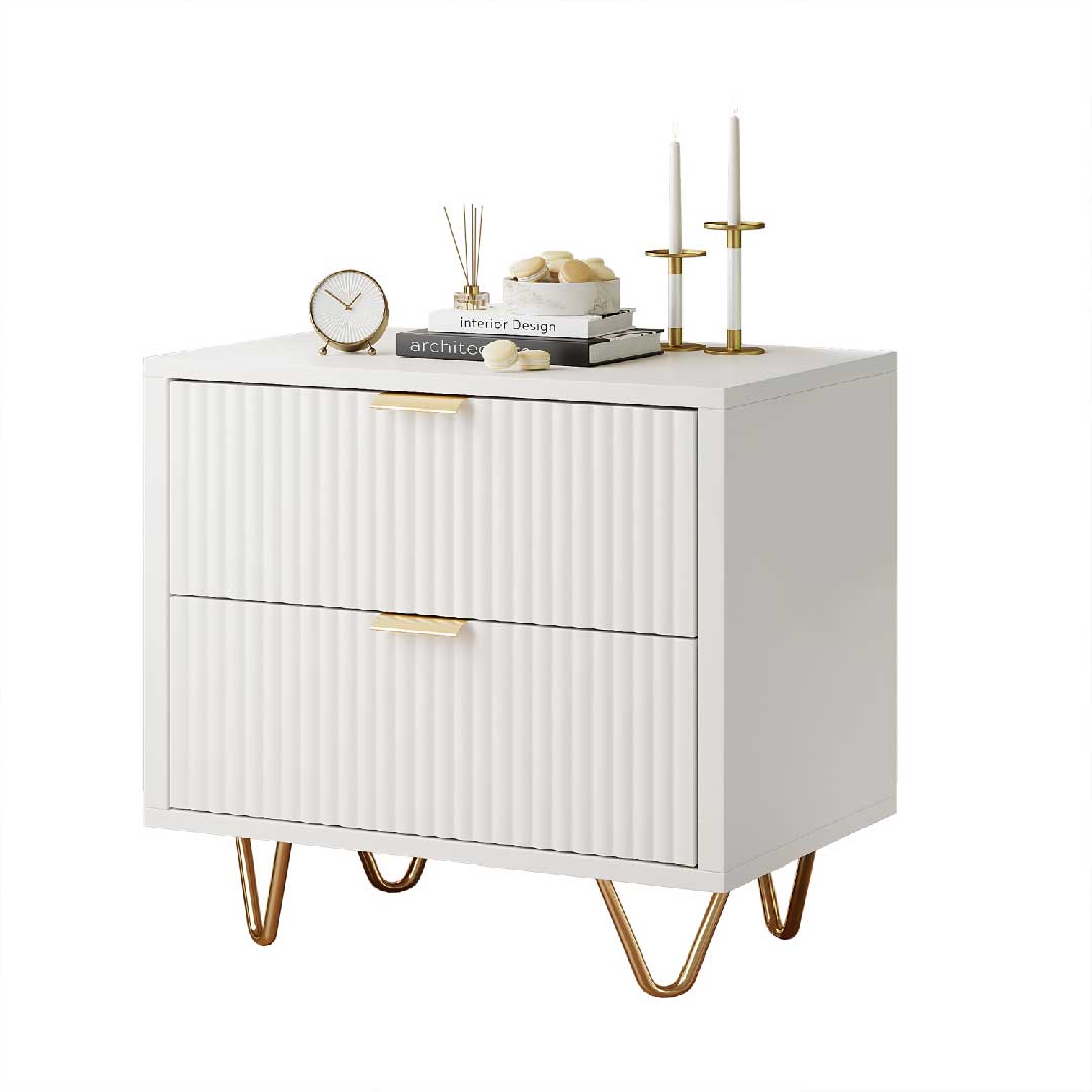 Yelenaro Nachttisch mit 2 Schubladen Weiß & Gold für Boxspringbett