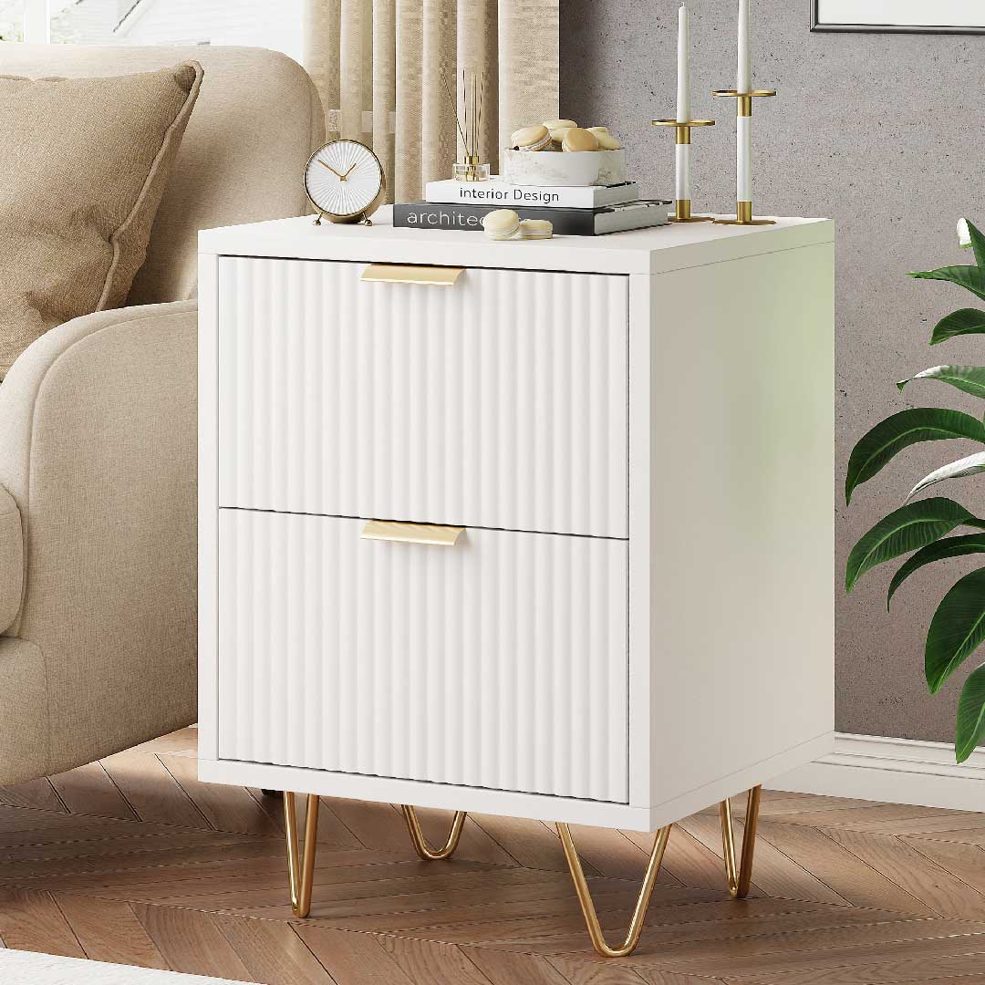 YELENARO Nachttisch 2er Set für Boxspringbett – Weiß & Gold, 2 Schubladen