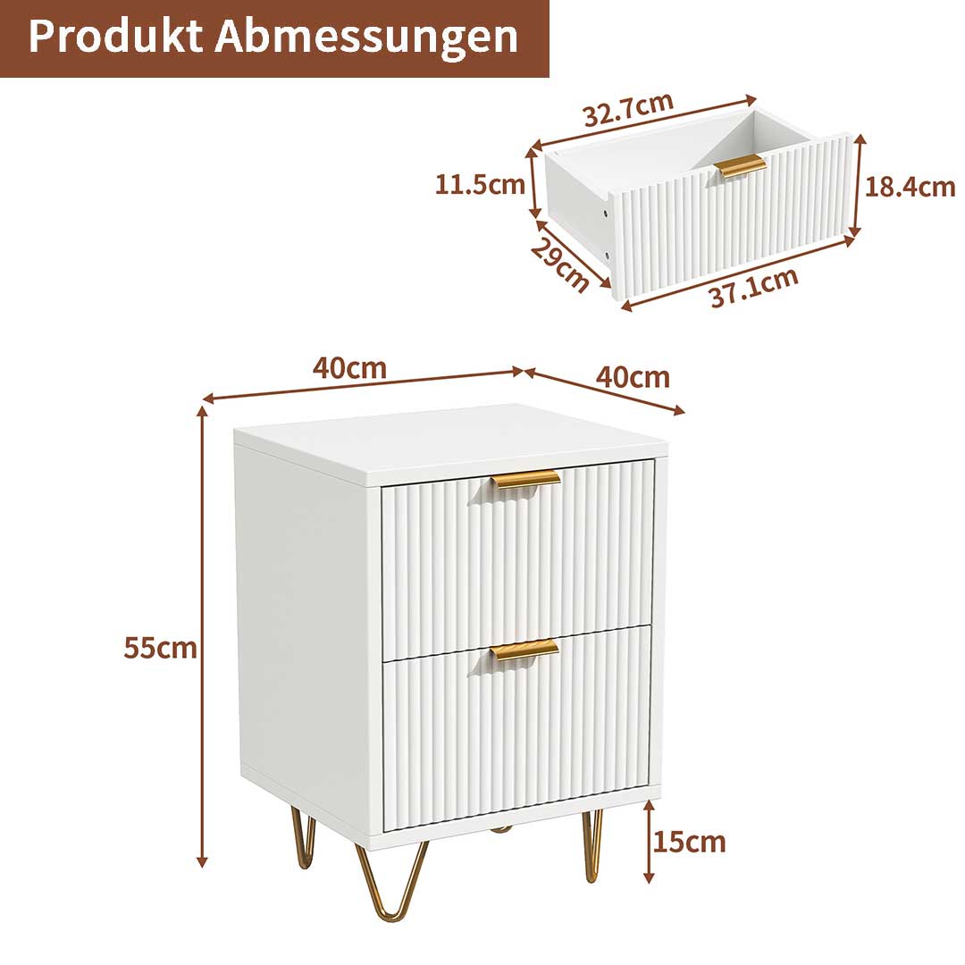 YELENARO Nachttisch 2er Set für Boxspringbett – Weiß & Gold, 2 Schubladen