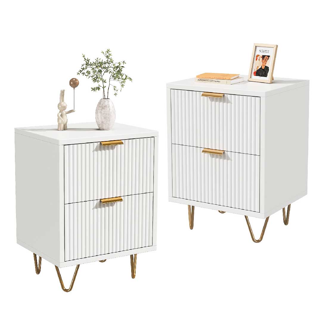 YELENARO Nachttisch 2er Set für Boxspringbett – Weiß & Gold, 2 Schubladen