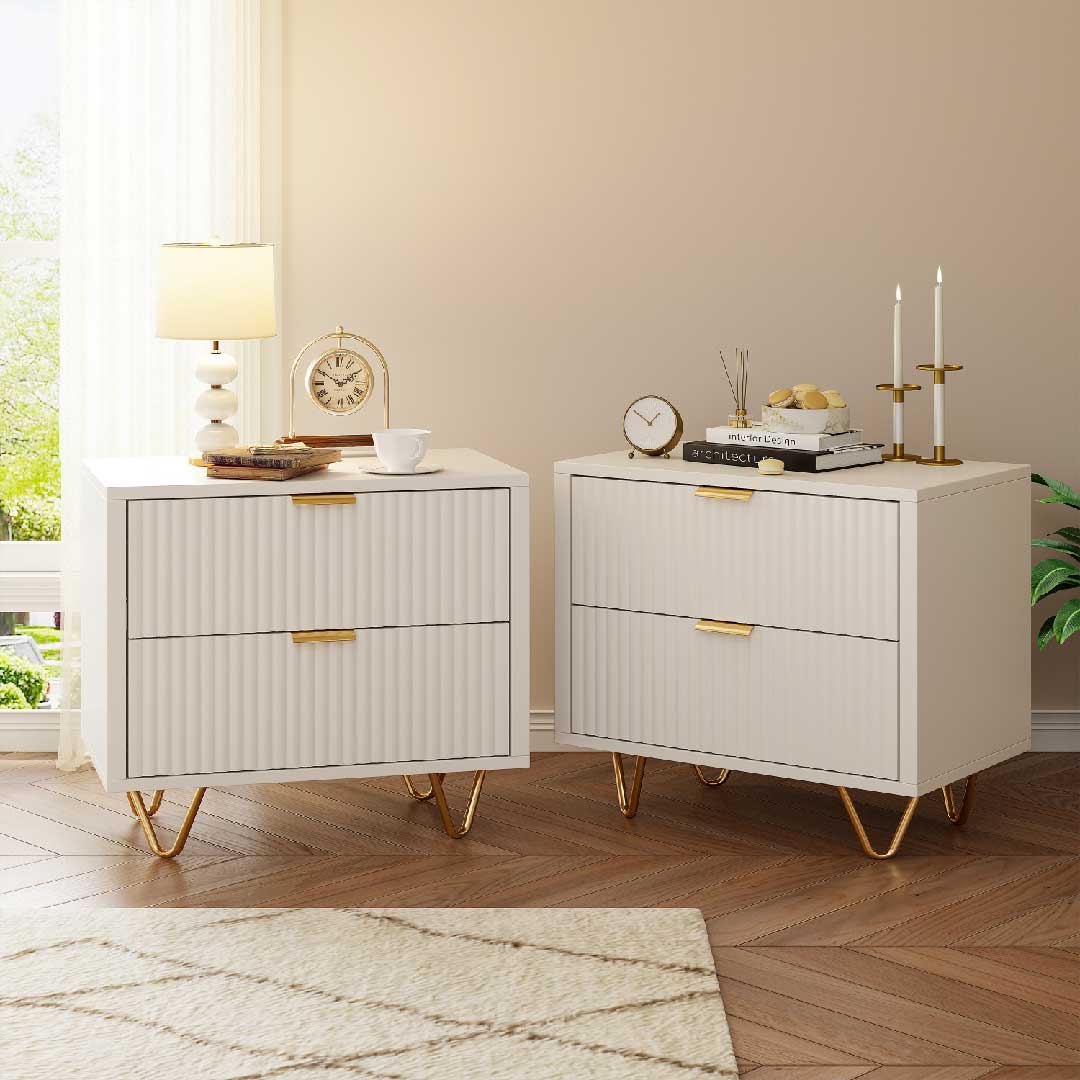 Yelenaro Nachttisch mit 2 Schubladen Weiß & Gold für Boxspringbett