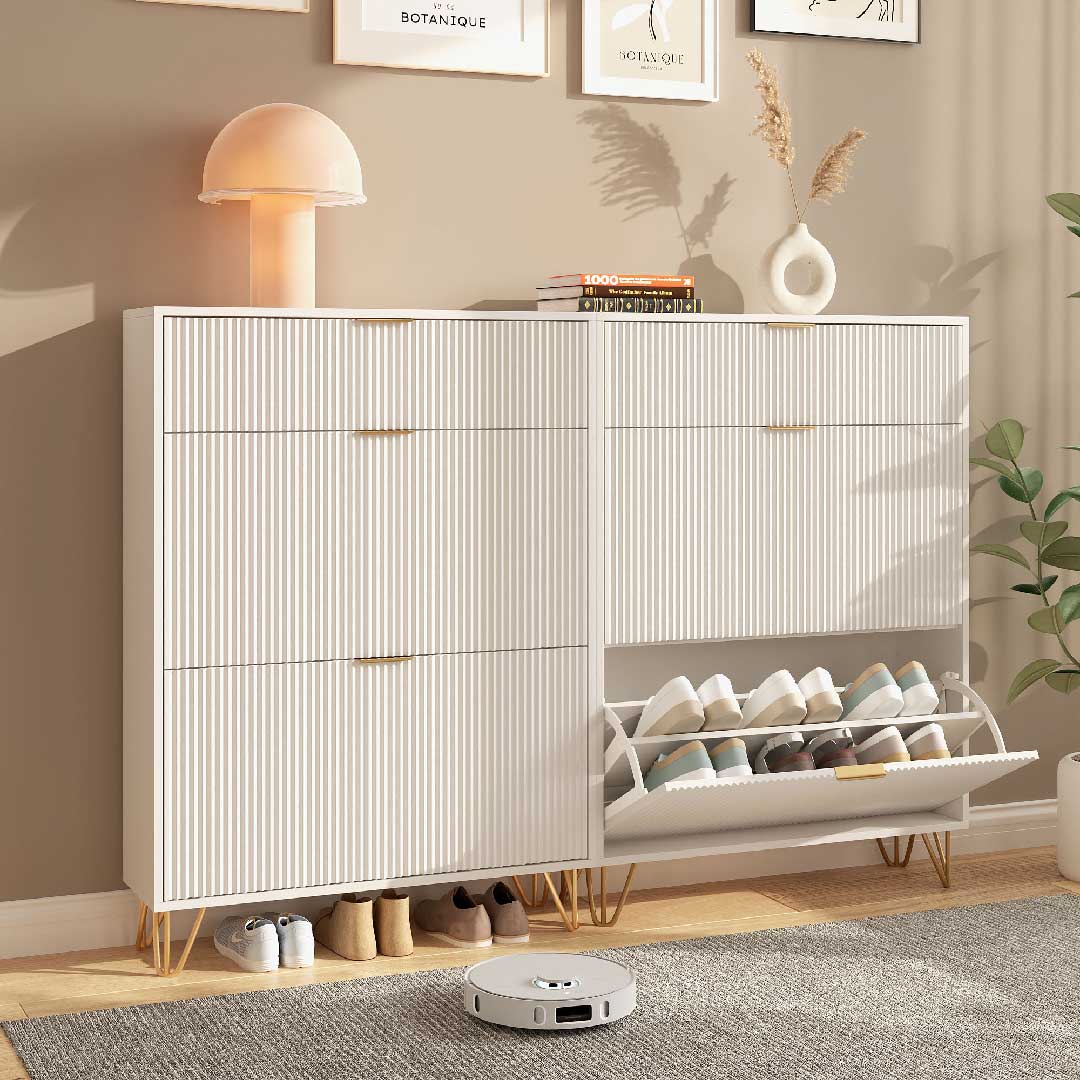 Yelenaro Schuhschrank Weiß – 2 Klappen & Ablagefach, Schmal