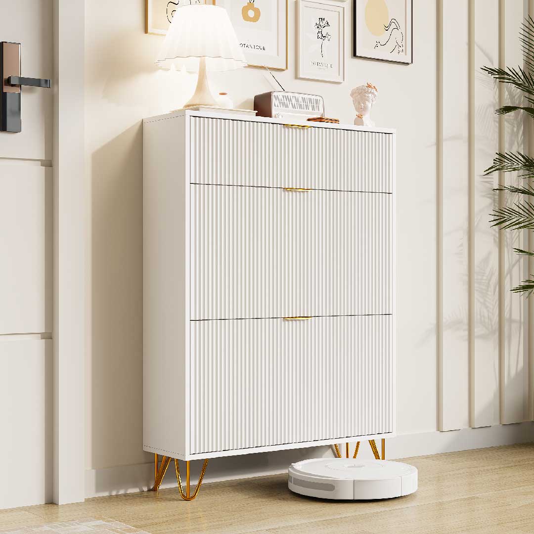 Yelenaro Schuhschrank mit 2 Klappen & Ablagefach – Weiß, 80×24×118 cm