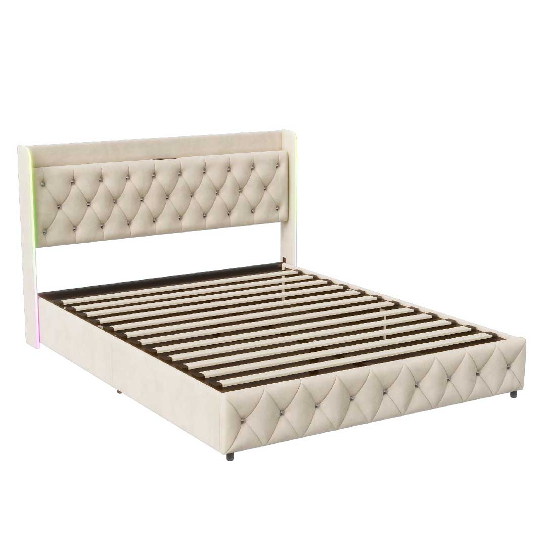 Yelenaro Stauraumbett mit gepolstertem Kopfteil – luxuriöses Bettgestell in Beige mit LED-Beleuchtung und USB-Ladeanschluss.