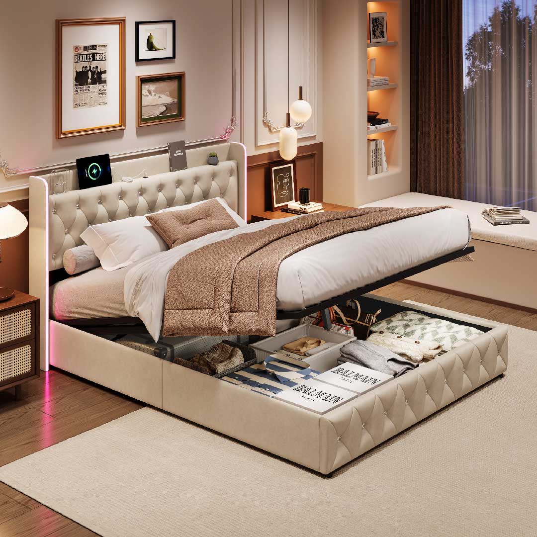 Modernes Schlafzimmer mit Yelenaro Stauraumbett in Beige – hydraulisches Bettgestell mit LED-Licht, USB-Ports und großem Stauraum unter der Matratze.