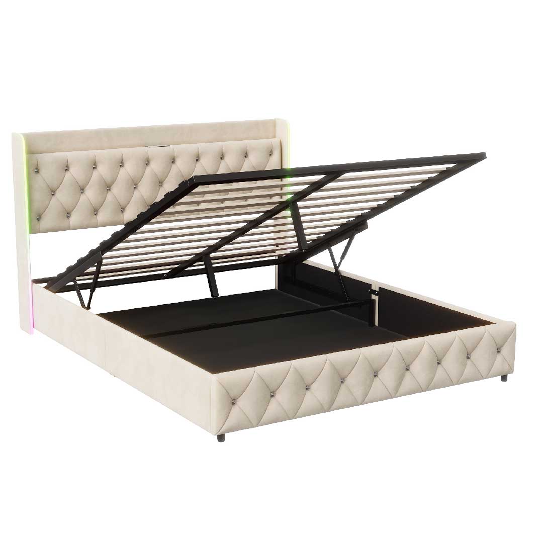 Hydraulisches Yelenaro Bettgestell mit großem Stauraum – modernes Ottoman Bett mit LED-Beleuchtung und Ladefunktion in elegantem Beige.