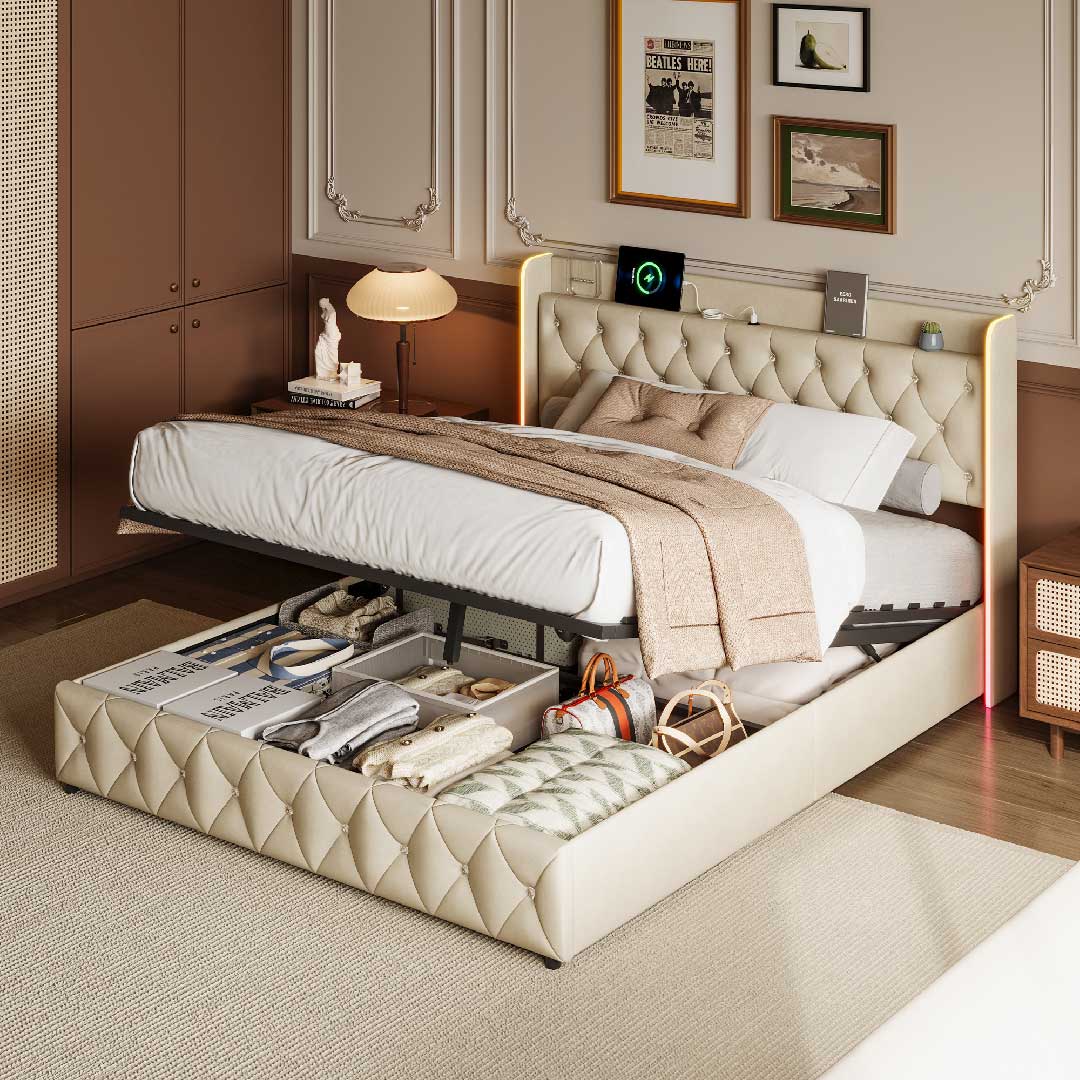 Yelenaro Stauraumbett mit geöffnetem hydraulischem Stauraum – Bett mit LED-Licht, USB-Port und luxuriösem Flanellbezug in Beige.