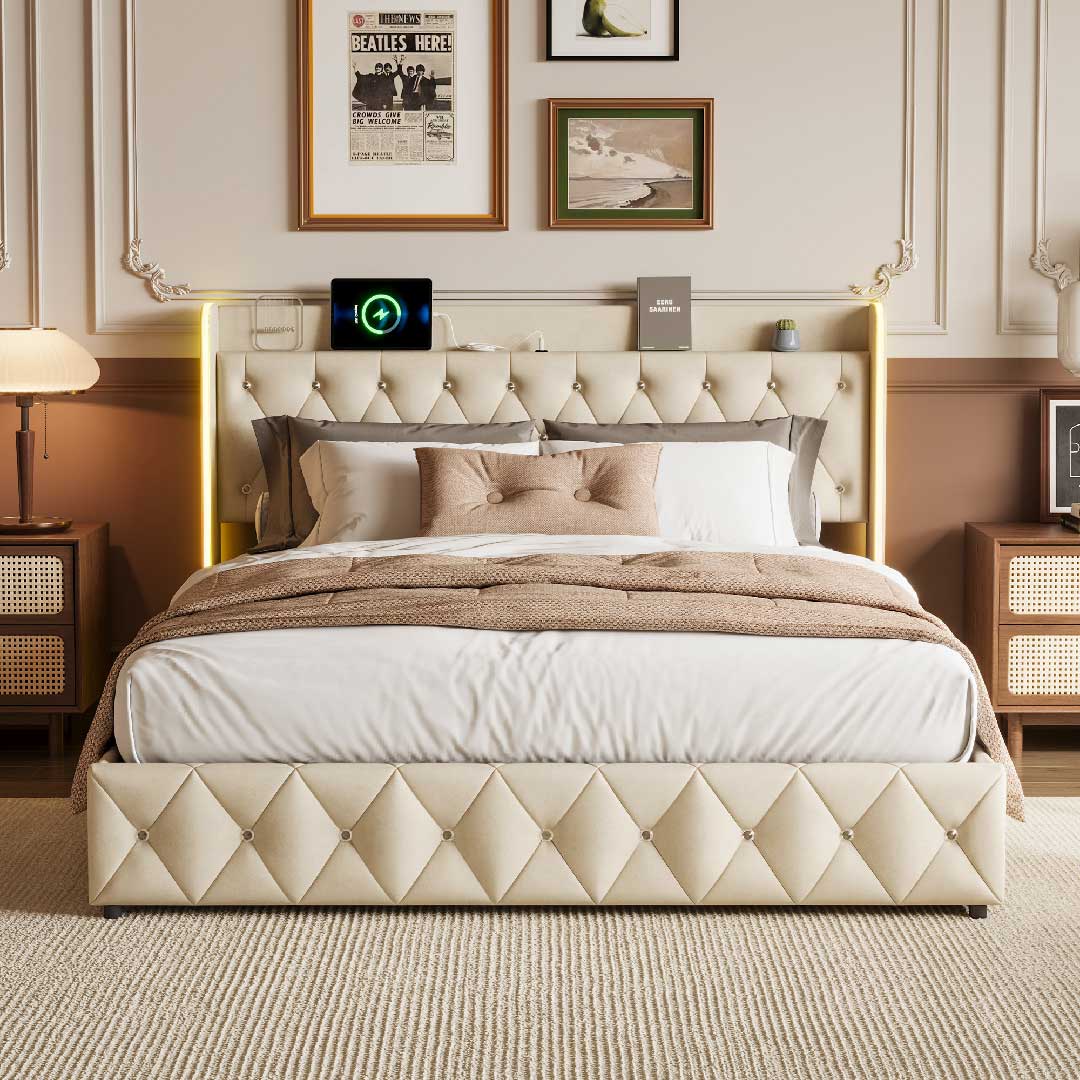 Elegantes Schlafzimmer mit Yelenaro Stauraumbett – hydraulisches Ottoman Bettgestell mit LED-Beleuchtung, USB-Ladefunktion und gepolstertem Kopfteil.