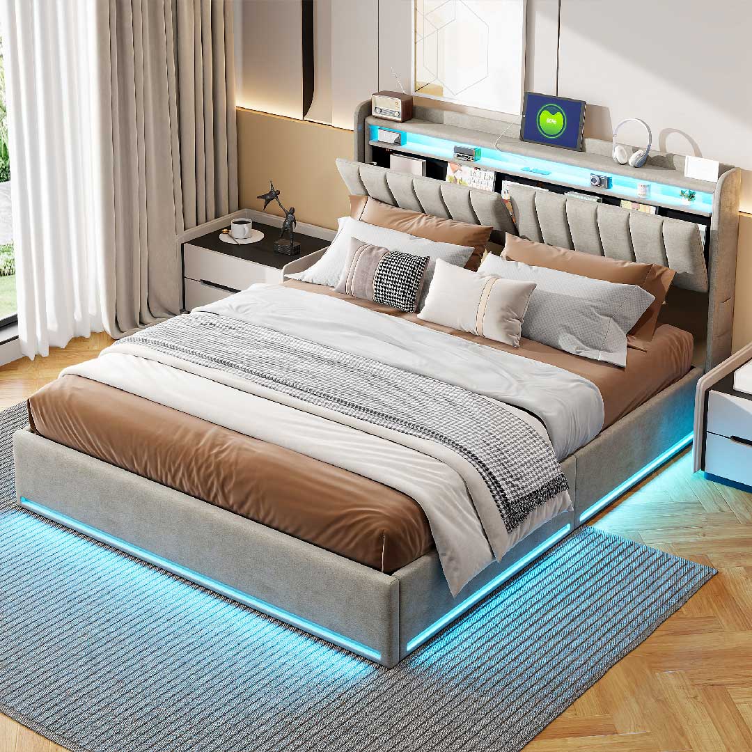 Yelenaro Polsterbett mit LED, Stauraum & USB-Ladestation – Samtbett mit Gaslift & Storage-Kopfteil (Mehrere Größen & Farben)