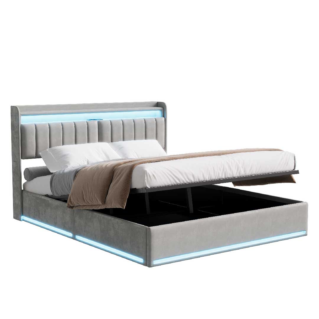 Yelenaro Polsterbett mit LED, Stauraum & USB-Ladestation – Samtbett mit Gaslift & Storage-Kopfteil (Mehrere Größen & Farben)