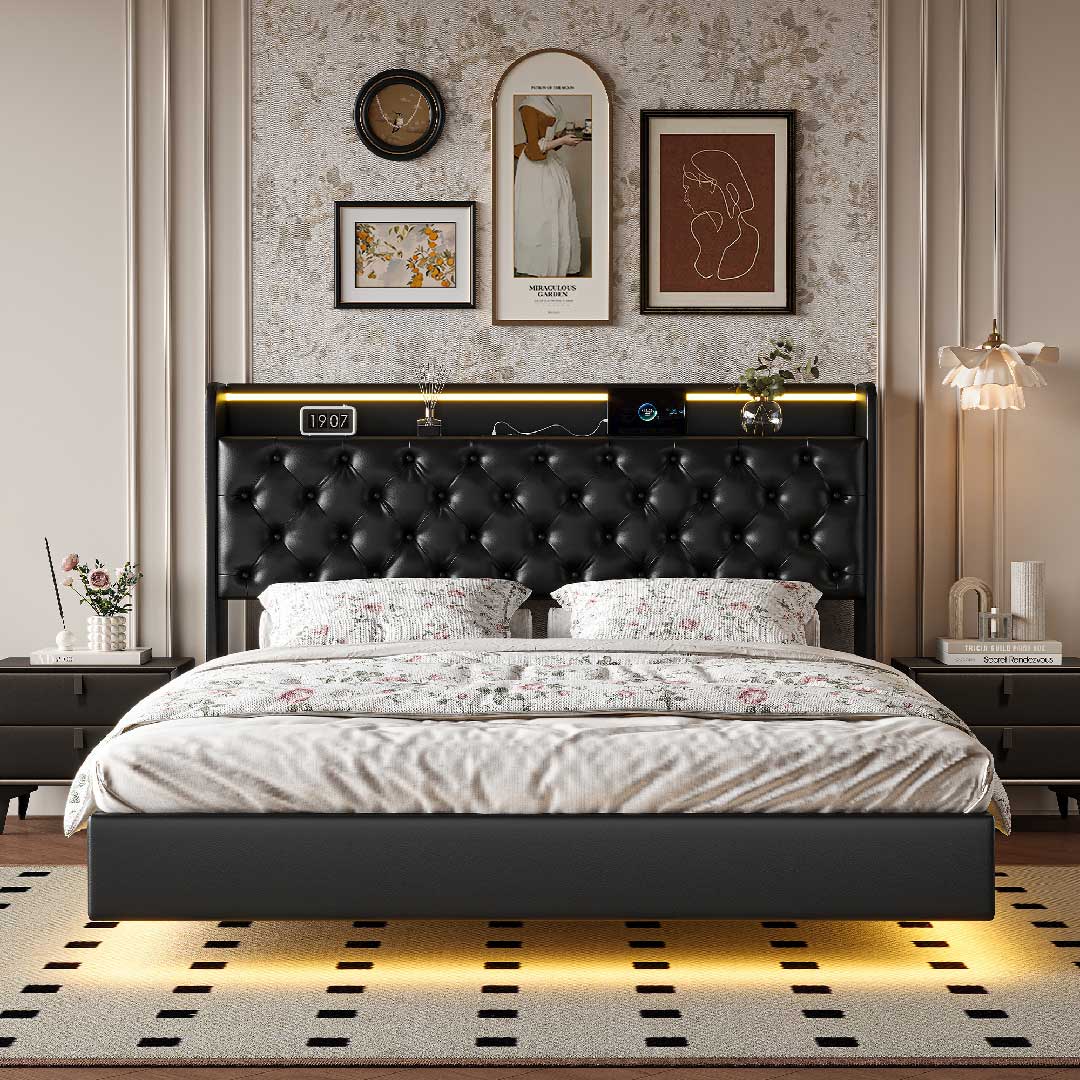 Polsterbett LED mit Stauraum & Ladestation, hydraulisch, PU Schwarz
