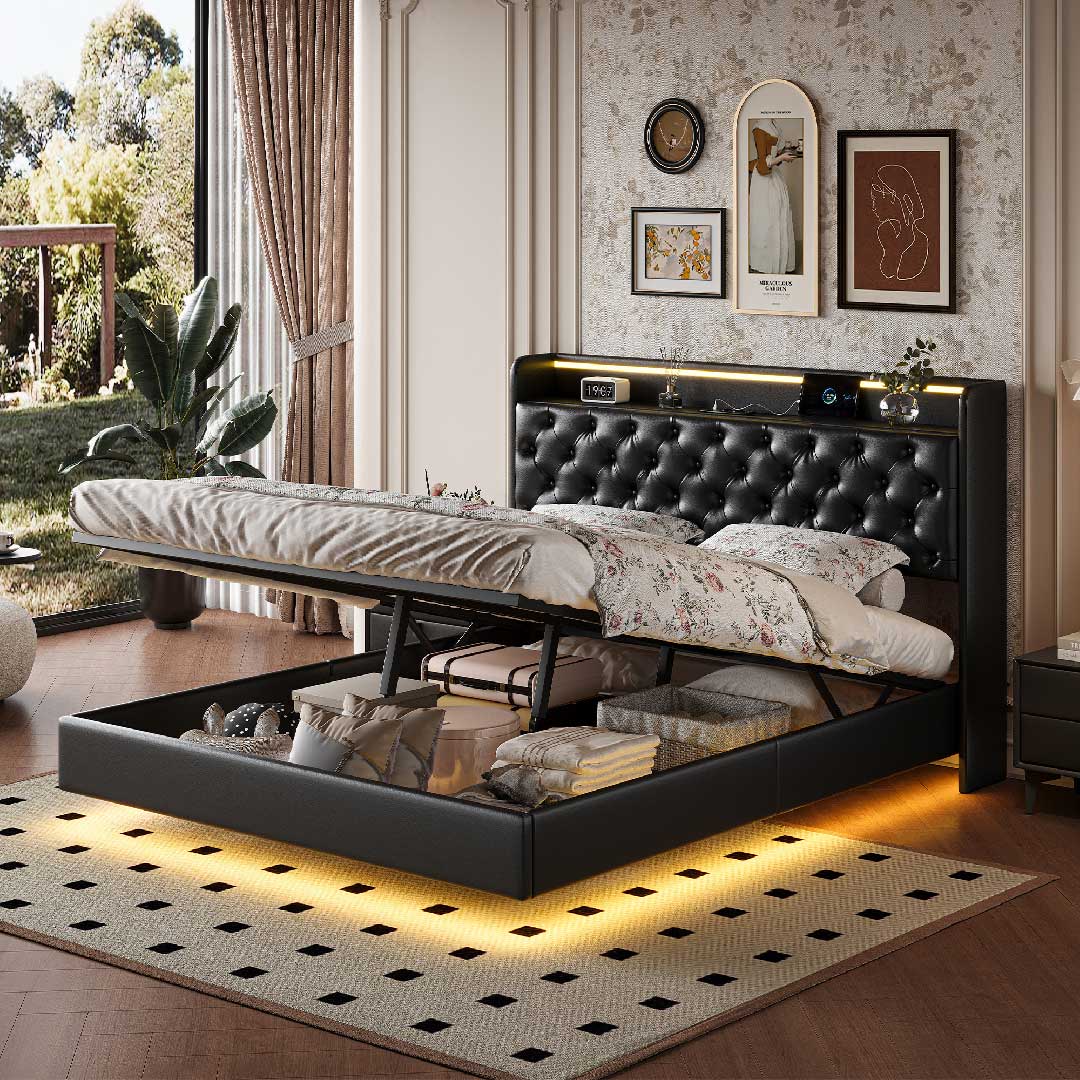 Polsterbett LED mit Stauraum & Ladestation, hydraulisch, PU Schwarz