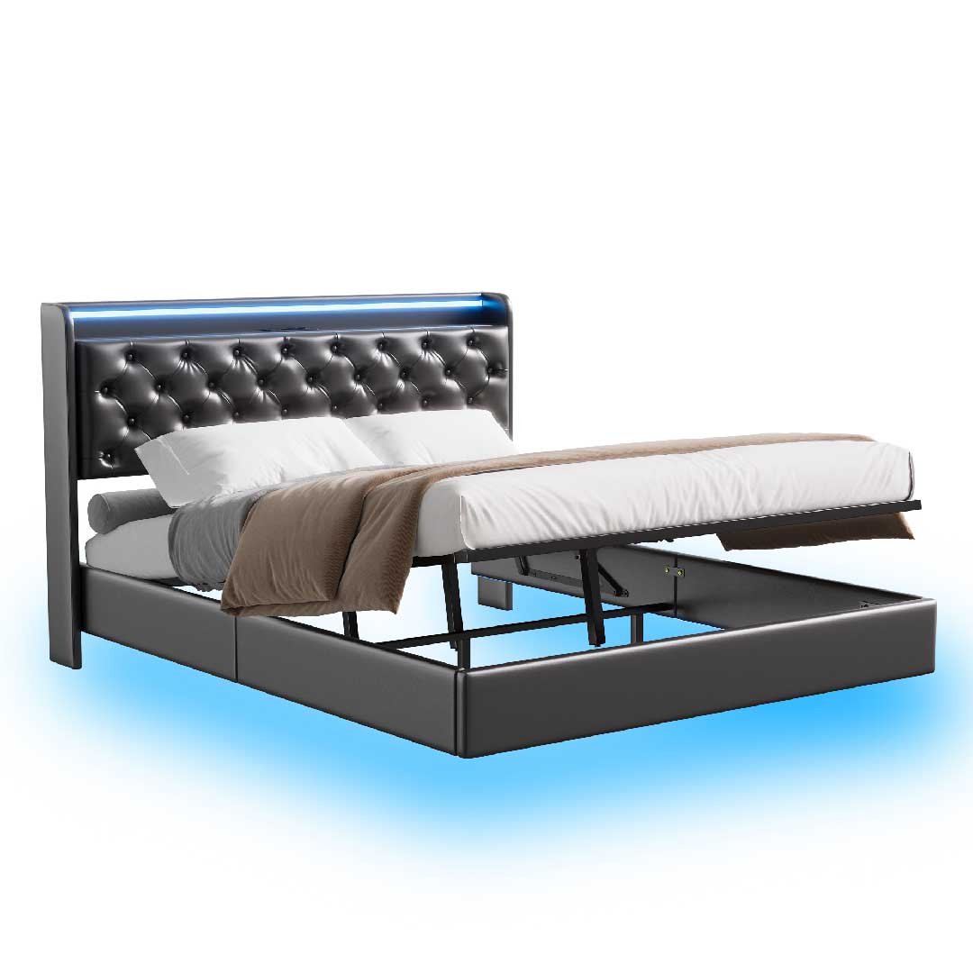 Polsterbett LED mit Stauraum & Ladestation, hydraulisch, PU Schwarz