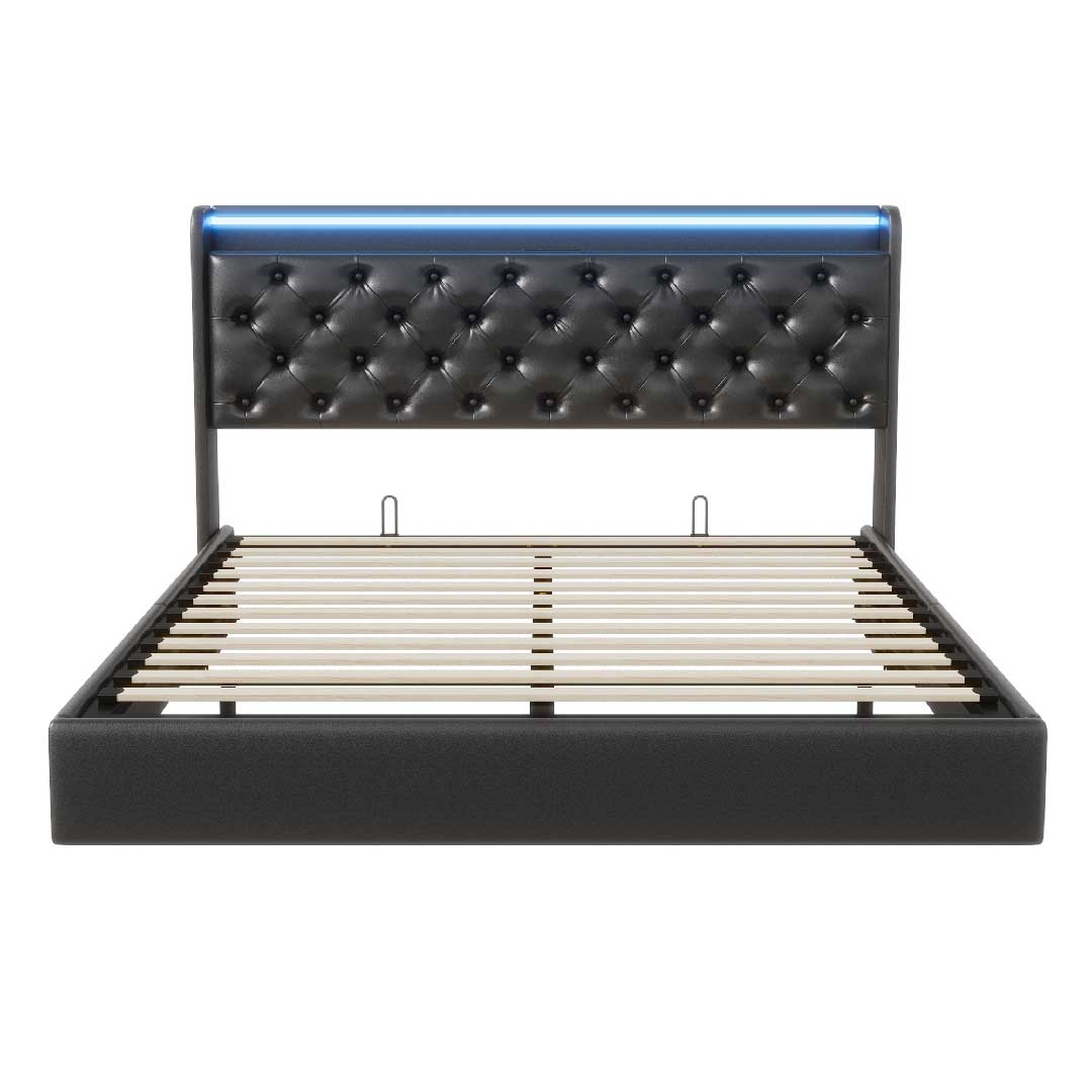 Polsterbett LED mit Stauraum & Ladestation, hydraulisch, PU Schwarz