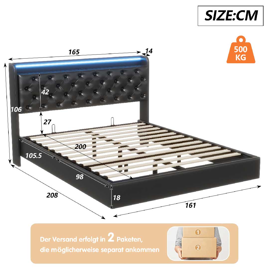 Polsterbett LED mit Stauraum & Ladestation, hydraulisch, PU Schwarz