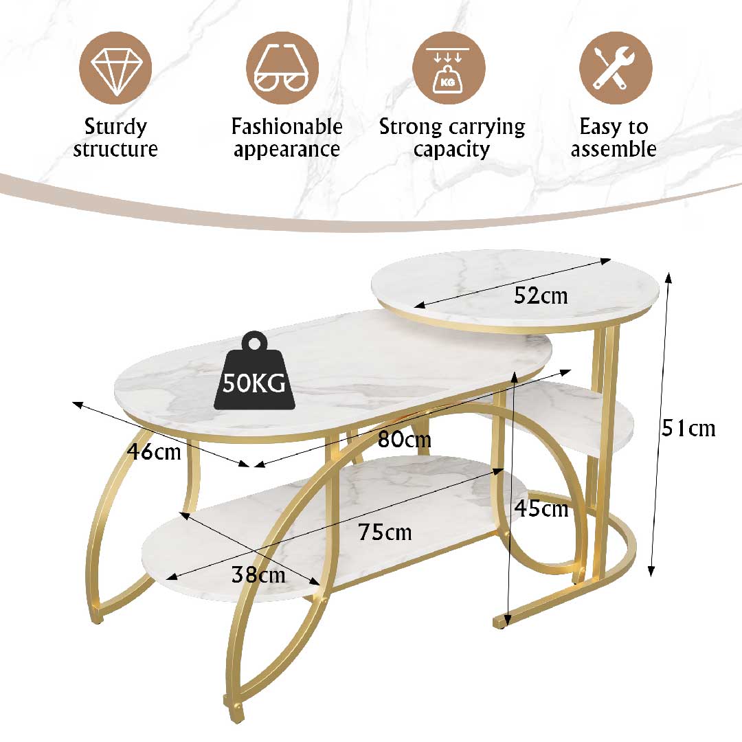 Yelenaro Couchtisch 2er Set Oval Marmoroptik – Gold Wohnzimmertisch mit Stauraum