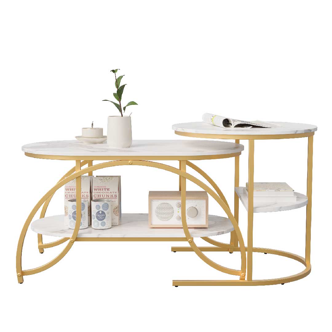 Yelenaro Couchtisch 2er Set Oval Marmoroptik – Gold Wohnzimmertisch mit Stauraum