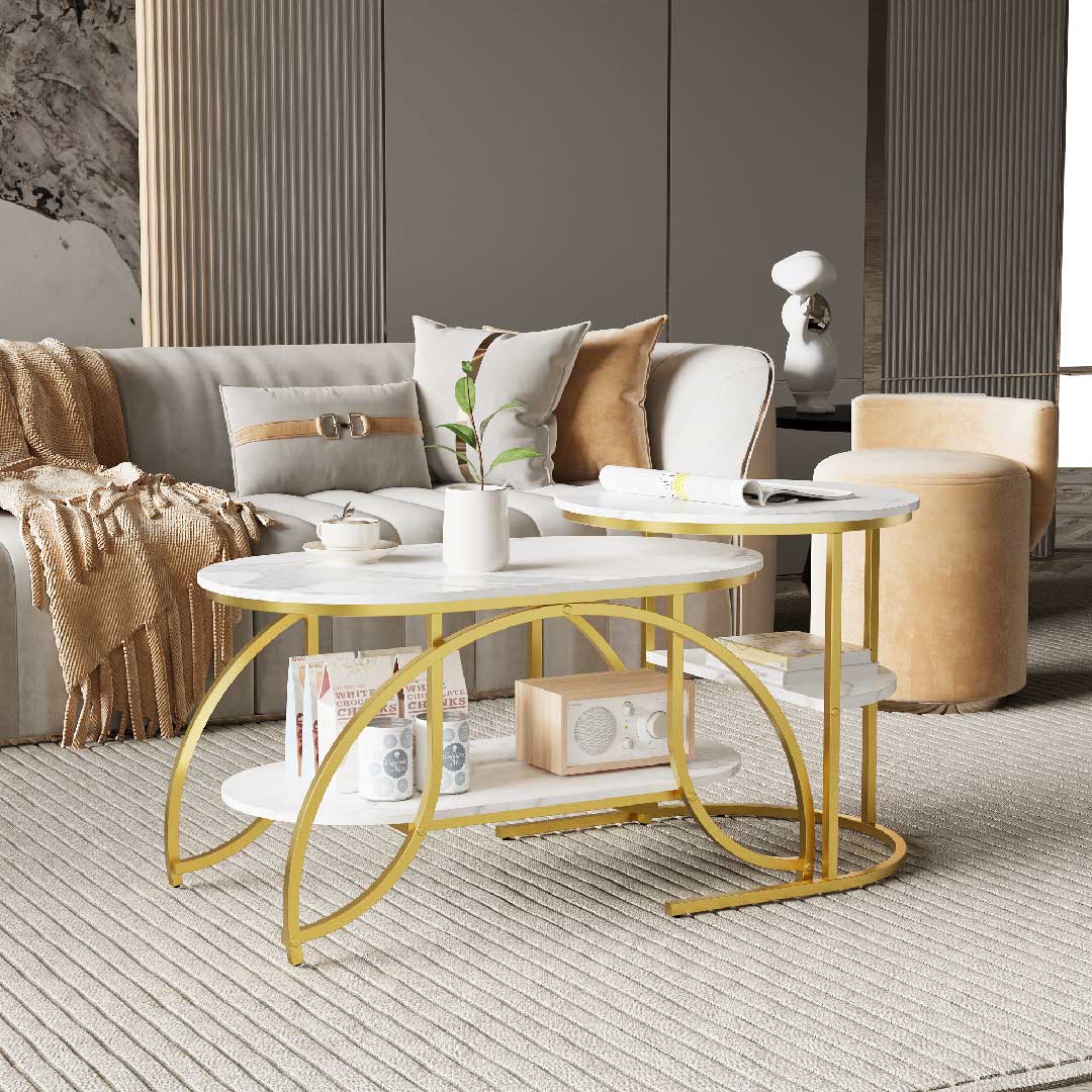 Yelenaro Couchtisch 2er Set Oval in Marmoroptik mit Ablage
