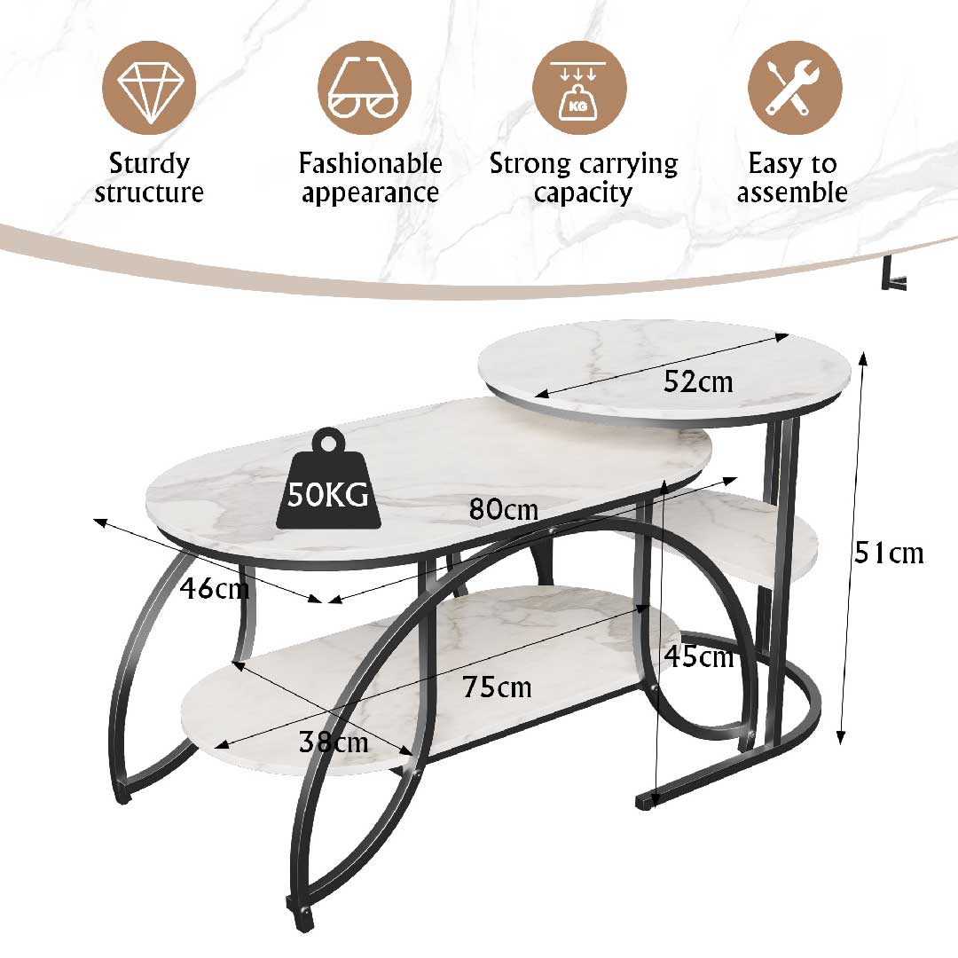 Yelenaro Couchtisch 2er Set Oval Marmoroptik – Gold Wohnzimmertisch mit Stauraum