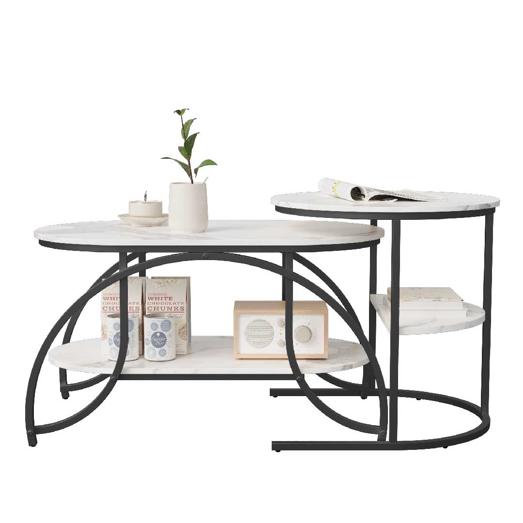 Yelenaro Couchtisch 2er Set Oval Marmoroptik – Gold Wohnzimmertisch mit Stauraum