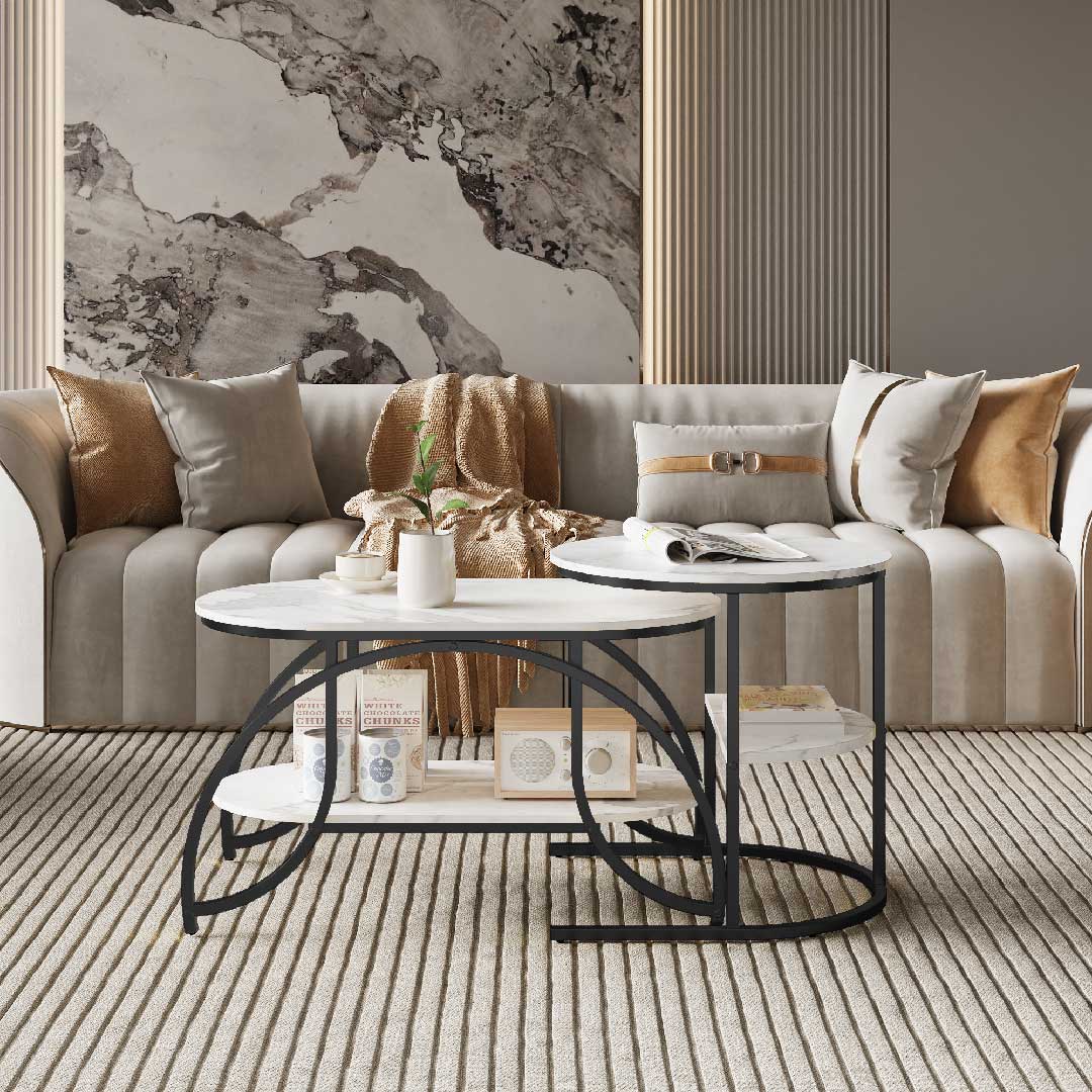 Yelenaro Couchtisch 2er Set Oval Marmoroptik – Gold Wohnzimmertisch mit Stauraum