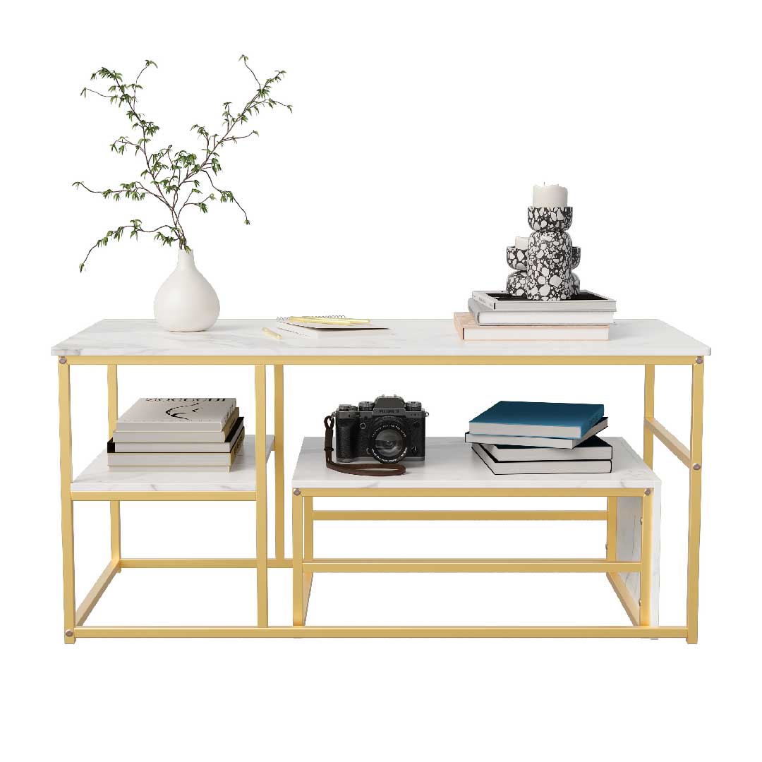 Yelenaro Couchtisch 2er Set Rechteckig – Marmoroptik Gold mit Stauraum