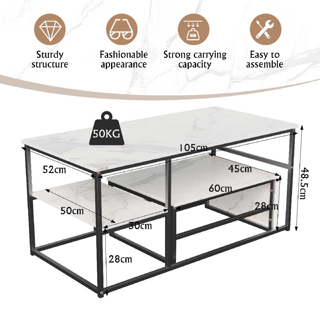 Yelenaro Couchtisch 2er Set Rechteckig – Marmoroptik Gold mit Stauraum