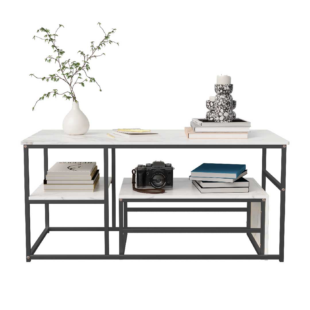 Yelenaro Couchtisch 2er Set Rechteckig – Marmoroptik Gold mit Stauraum