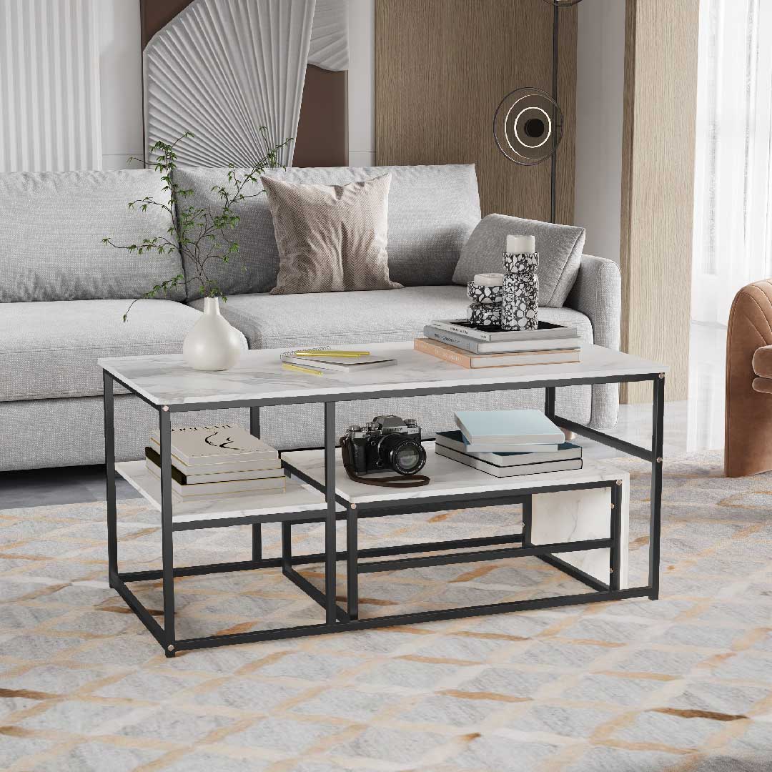 Yelenaro Couchtisch 2er Set Rechteckig – Marmoroptik Gold mit Stauraum