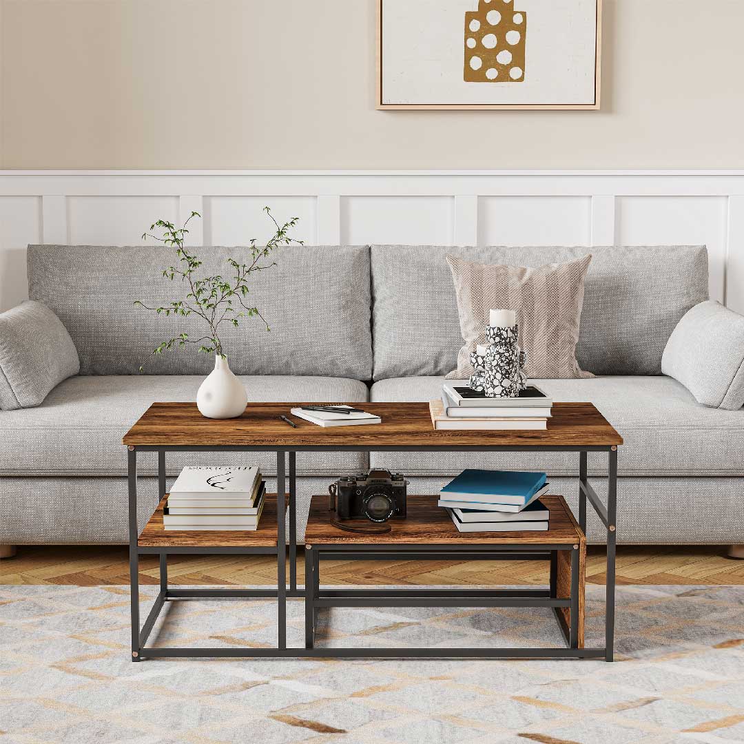 Yelenaro Couchtisch 2er Set Rechteckig – Marmoroptik Gold mit Stauraum