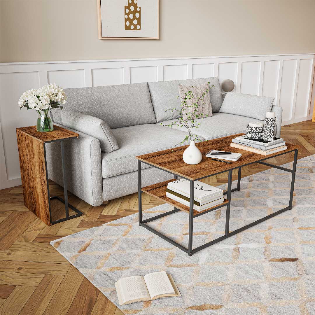 Yelenaro Couchtisch 2er Set Rechteckig – Marmoroptik Gold mit Stauraum