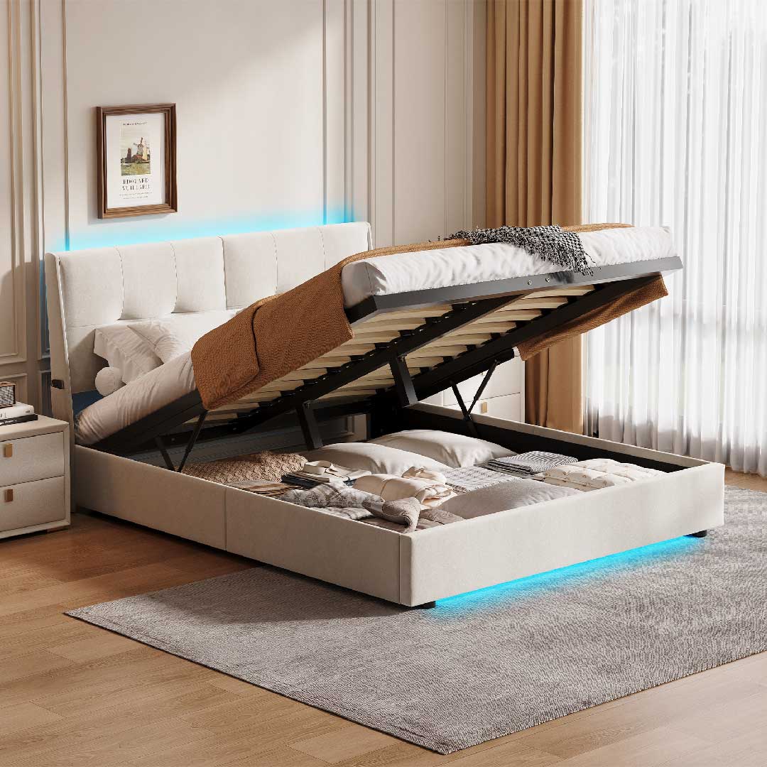 Yelenaro Polsterbett 140/160x200cm mit LED & Stauraum – Samt Beige