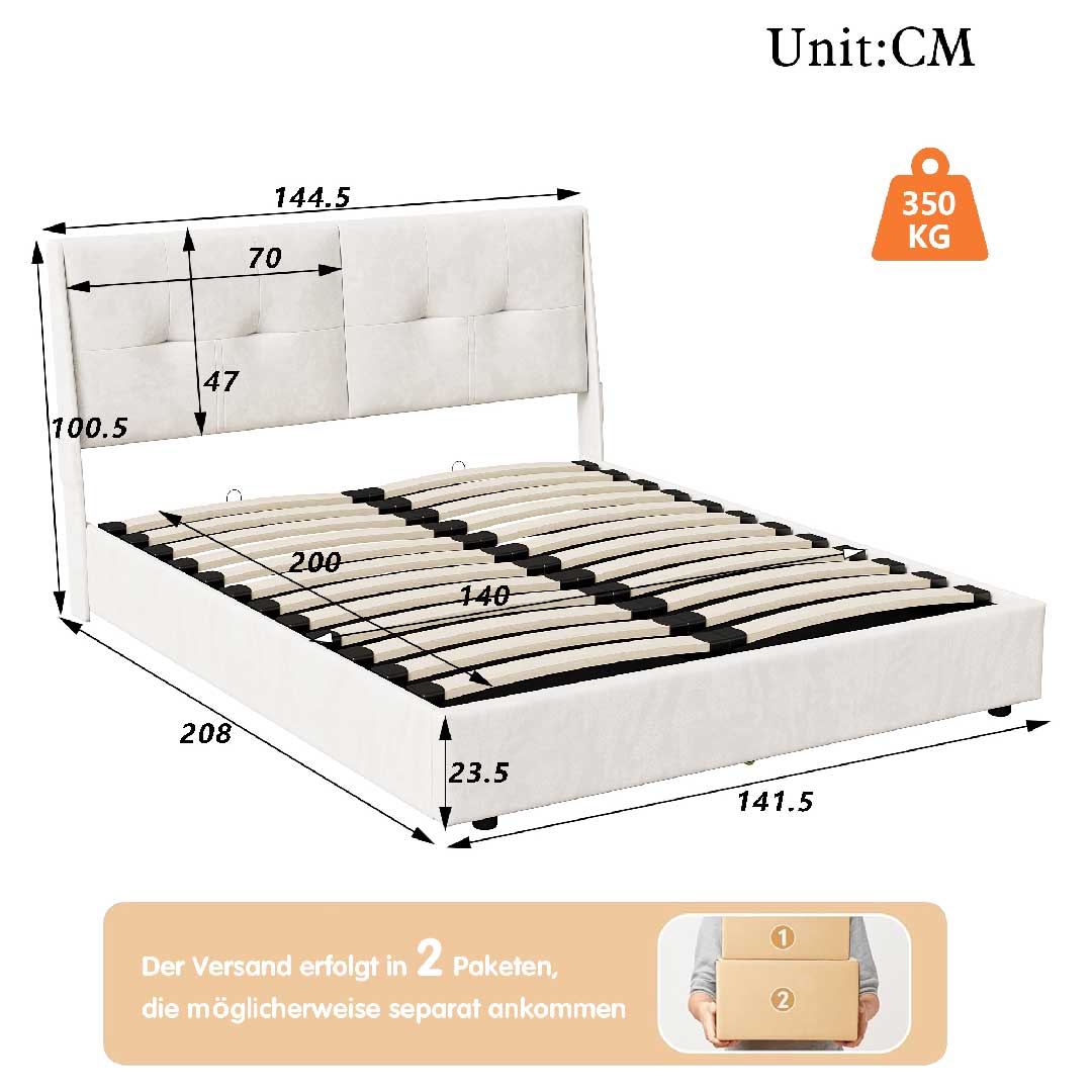 Yelenaro Polsterbett 140/160x200cm mit LED & Stauraum – Samt Beige