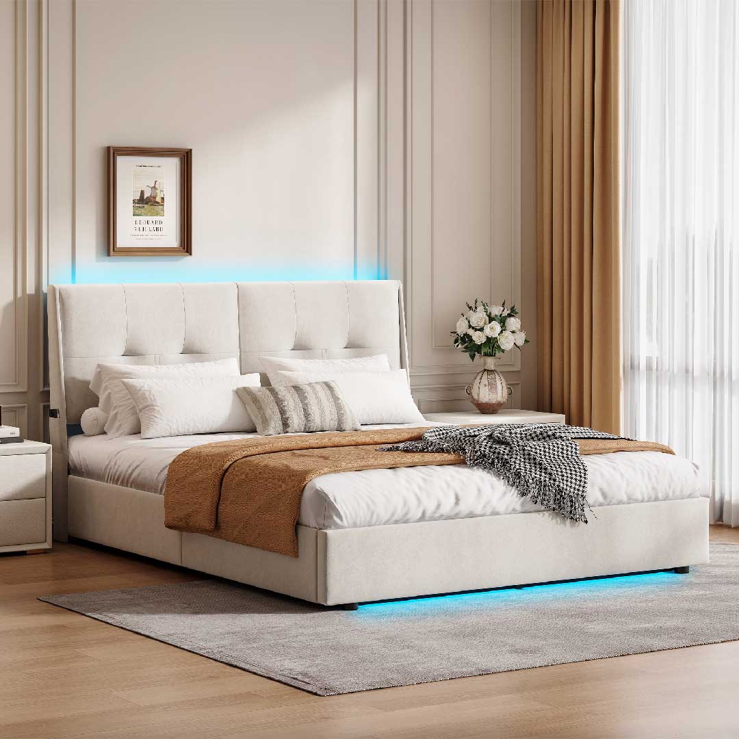 Yelenaro Polsterbett 140/160x200cm mit LED & Stauraum – Samt Beige