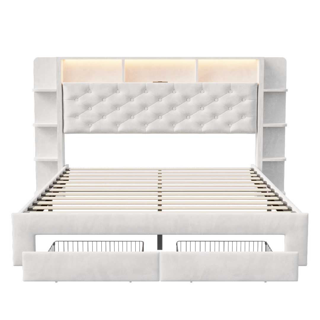 Yelenaro Polsterbett mit LED & USB – Samtbett mit Stauraum & Schubladen