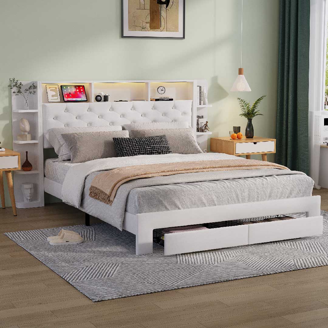 Yelenaro Polsterbett mit LED & USB – Samtbett mit Stauraum & Schubladen