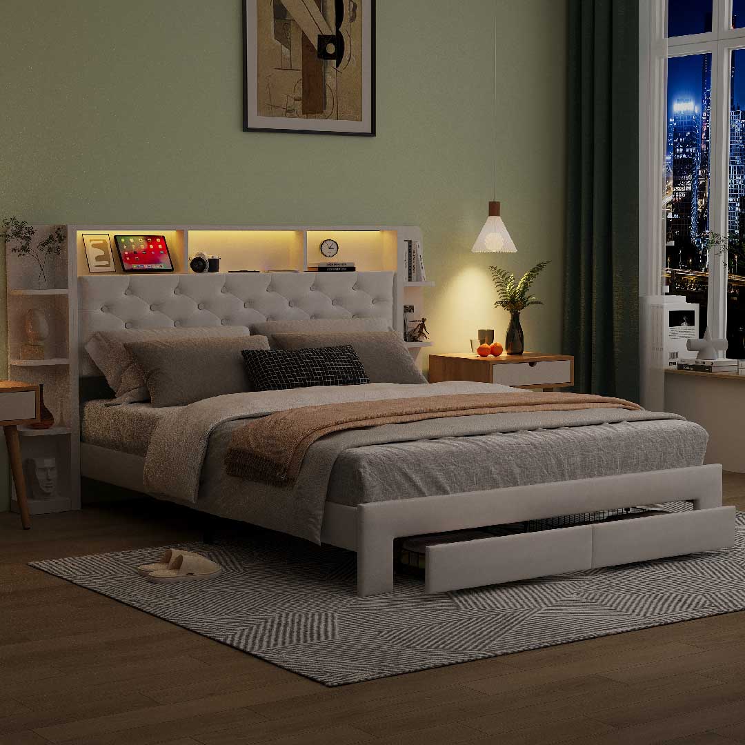 Yelenaro Polsterbett mit LED & USB – Samtbett mit Stauraum & Schubladen