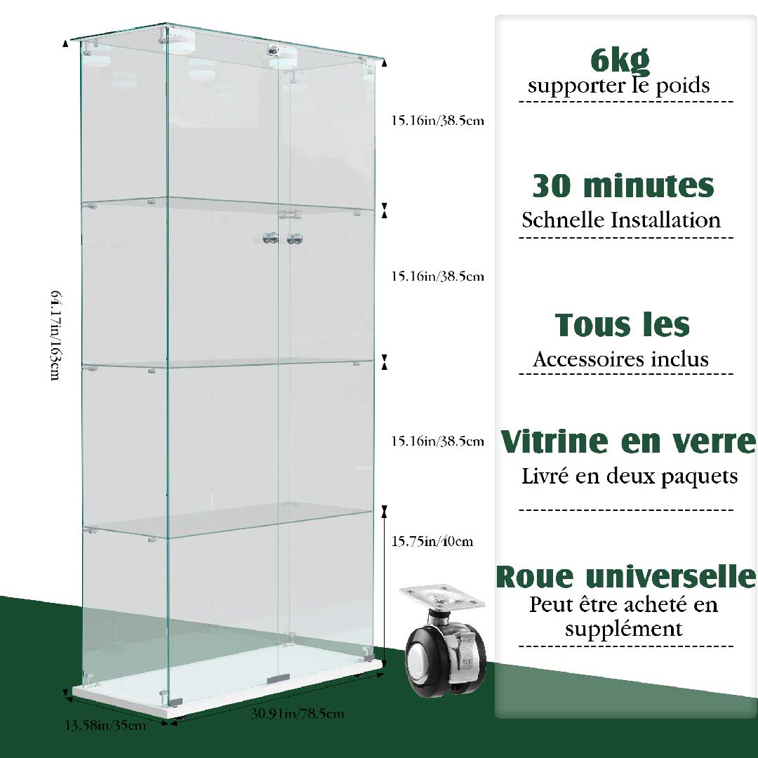 Yelenaro Glasvitrine mit LED – Weiß & Schwarz, 4 Ebenen, 2 Türen