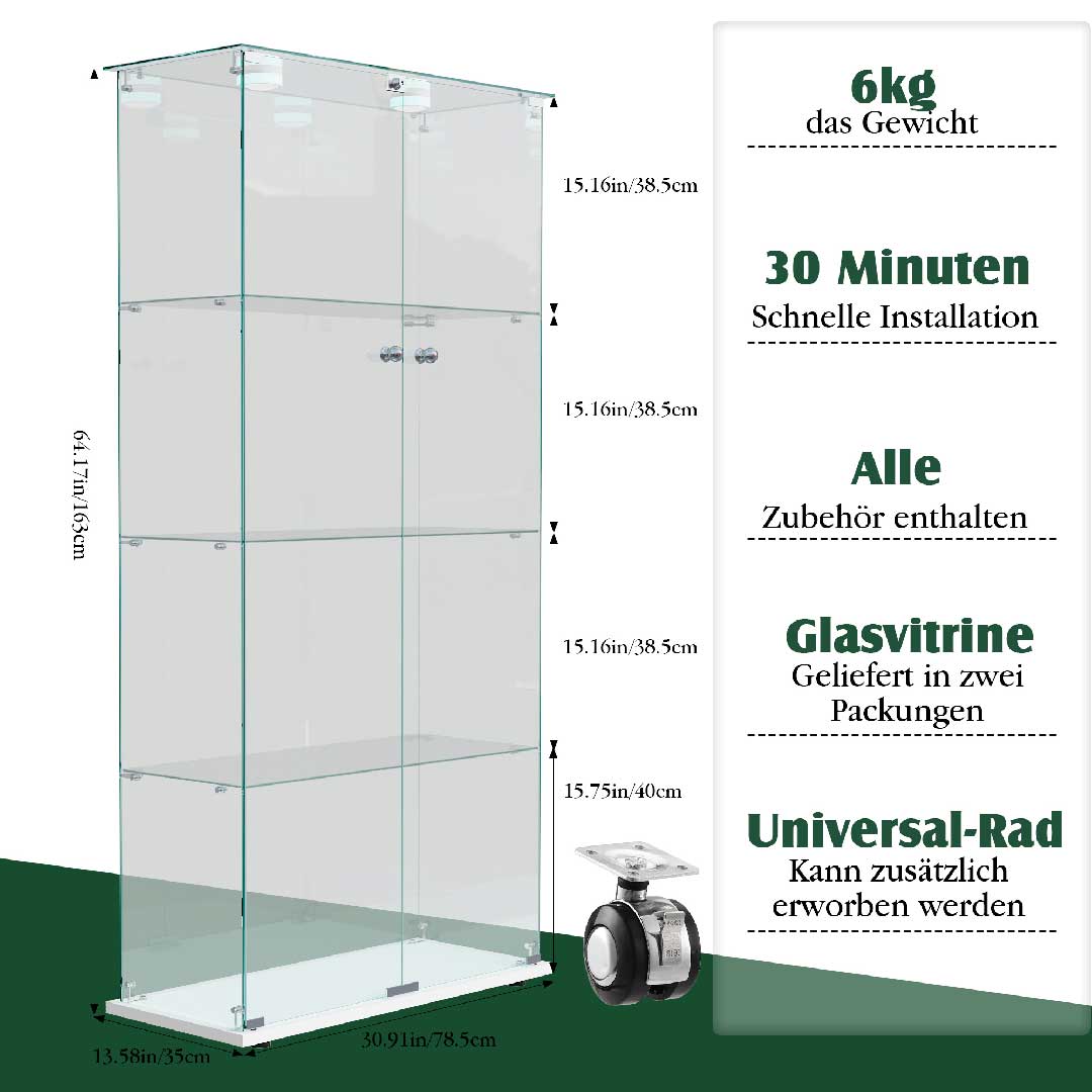 Yelenaro Glasvitrine 163×80×35 cm – LED Sammlervitrine aus Glas mit Türen & Schloss