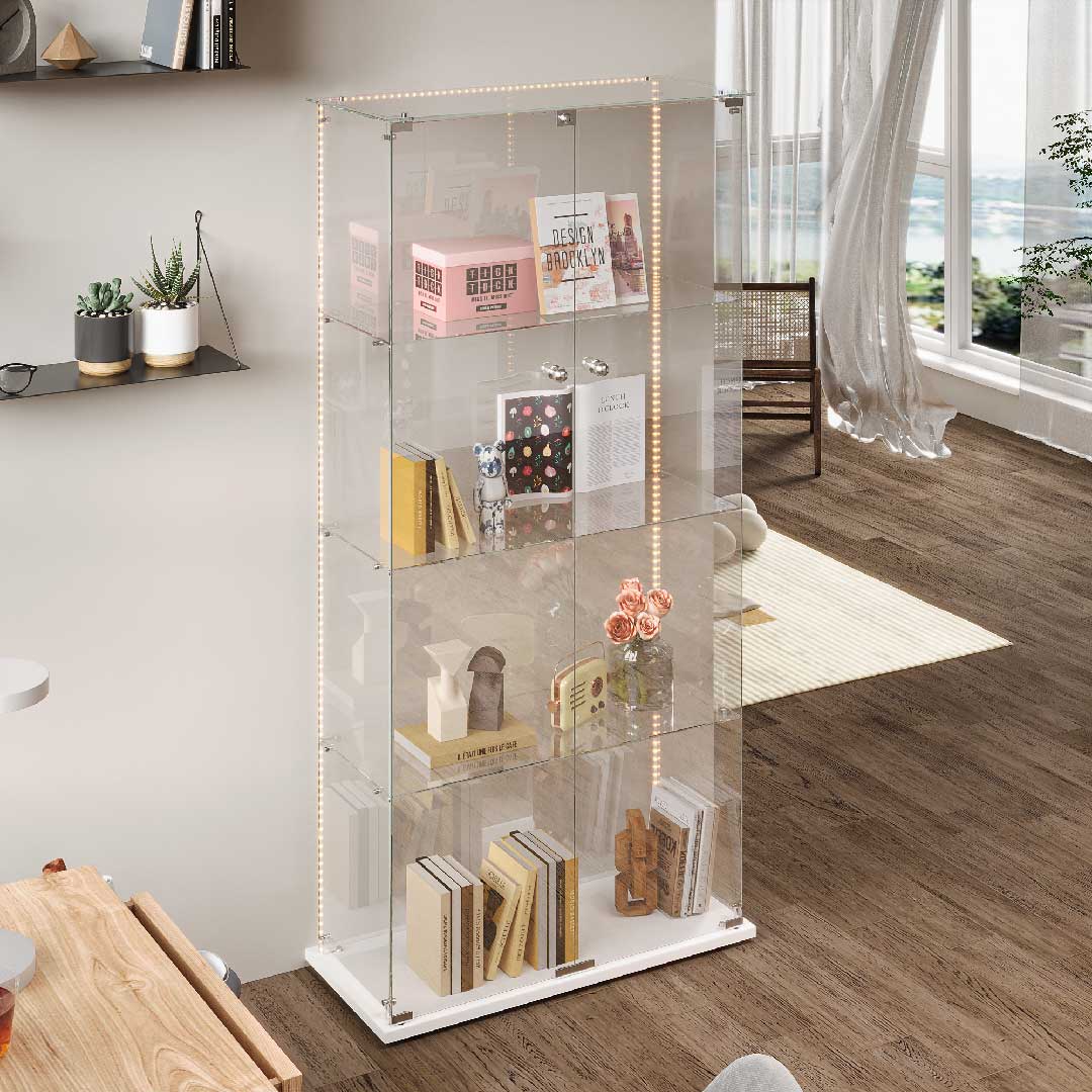 Yelenaro Glasvitrine mit LED – Weiß & Schwarz, 4 Ebenen, 2 Türen