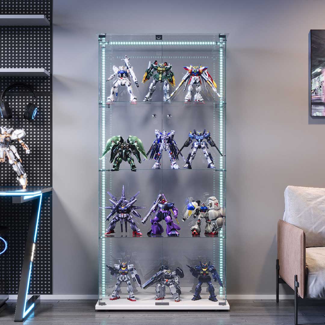 Yelenaro Glasvitrine mit LED – Weiß & Schwarz, 4 Ebenen, 2 Türen